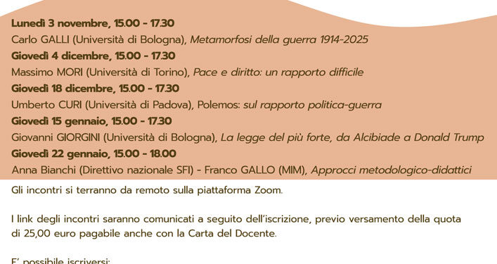 Dal 3 novembre i seminari SFI su guerra e pace con Carlo Galli, Umberto Curi e Massimo Mori