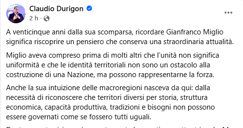Durigon ricorda Miglio: “La politica indichi direzione e futuro, no a difesa di mere posizioni personali”