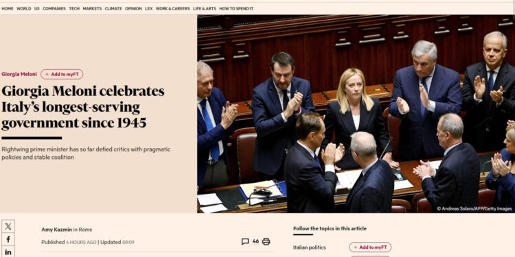 Ampio spazio sul Financial Times al record di longevità del governo Meloni, ‘resta il nodo crescita’